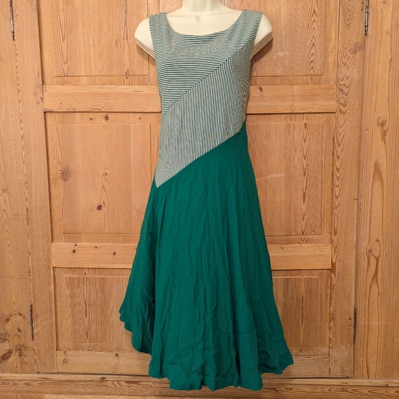 Maeve Anthropologie Cameron Striped Green Asymmetrical Dress Large - Picture 2 of 8